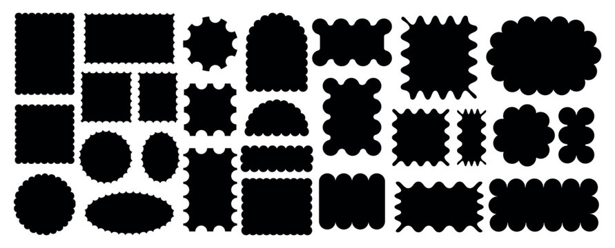 Set of frames with zigzag edge, scallop edge shape. Set of jagged ellipses elements. Rectangular curved box element with teeth. Design for template, cover, banner, poster, sticker. Vector illustration