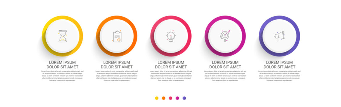 Timeline vector infographic design with 5 icons and circles. Circular infographics for business concepts and reports. Use for chart, presentations, workflow layout, banner, diagram, flow chart