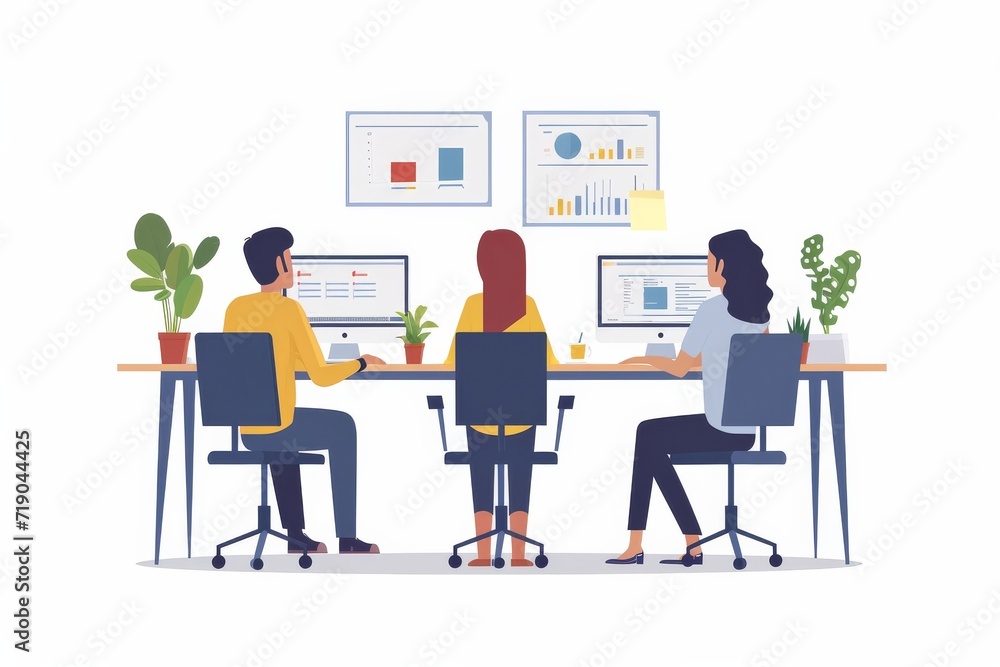 Poster a diverse team collaborates at a sleek table adorned with modern technology, surrounded by minimalis