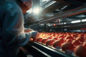 Egg production control at food processing plant. - obrazy, fototapety, plakaty
