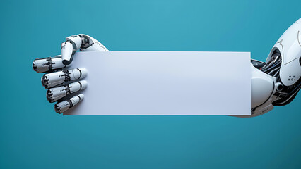 Robot hand holding blank white paper sign.