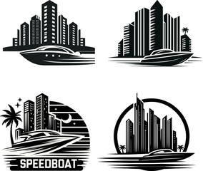 collection of illustration designs for speedboats in front of cities with lots of tall buildings - obrazy, fototapety, plakaty