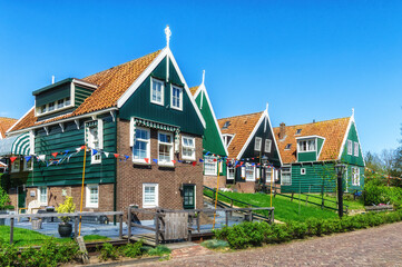 Dutch village scene with wooden houses on the island of Marken in the Netherlands.