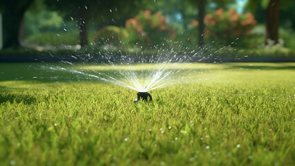 Automatic sprinkler system waters the grass. - obrazy, fototapety, plakaty