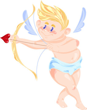 Cute Adorable blond Cupid cartoon character with an arrow and a bow, kawaii chibi cupid