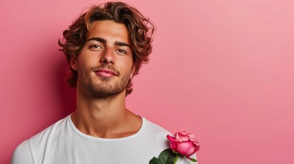 minimalist vivid advertisment background with handsome man with rose and copy space - obrazy, fototapety, plakaty