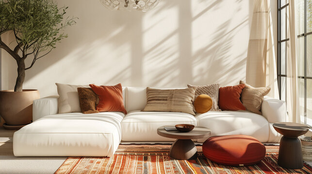 Sunlit space featuring a sectional sofa adorned with earthy-toned throw pillows. Embracing boho-chic elements, this modern home interior design creates a laid-back and cozy living room
