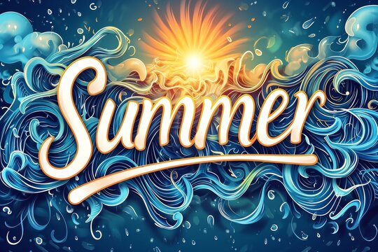 An intricate fusion of graphic design and fractal art, depicting a serene sun and waves amidst a vibrant reef, with typography adding a touch of modern elegance