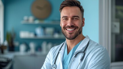 minimalist vivid advertisment background with handsome dentist and copy space