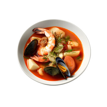 Bouillabaisse is served on a beautiful plate with a transparent background