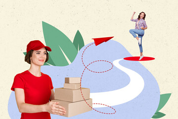 Creative collage illustration young two girls delivery courier carry carton boxes shipment service...