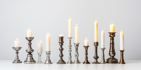 Antique metal candleholders with lit candles on a white backdrop.