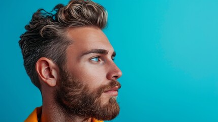 Fototapeta premium minimalist vivid advertisment background with handsome barber and copy space