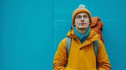 Fototapeta premium minimalist vivid advertisment background with handsome postman and copy space