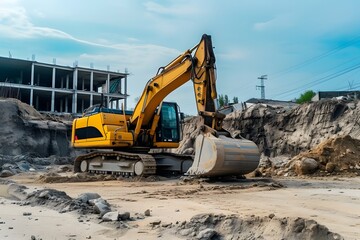 An excavator running a reinforced concrete demolition with a hydraulic breaker under a bridge under construction view from the back - obrazy, fototapety, plakaty