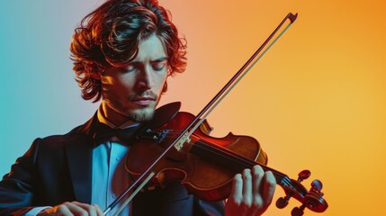 Fototapeta premium minimalist vivid advertisment background with handsome violinist and copy space