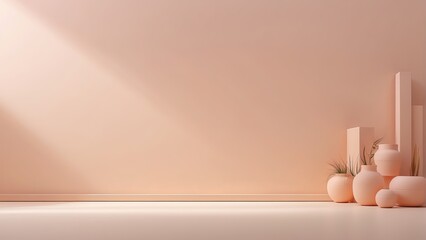 Fototapeta premium Modern Minimalist Interior with Neutral Tones, Abstract Geometric Shapes, Decorative Vases with Plants Illuminated by Soft Natural Light