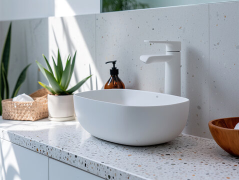 Terrazzo counter with a white sink. The minimalist interior design of a modern bathroom