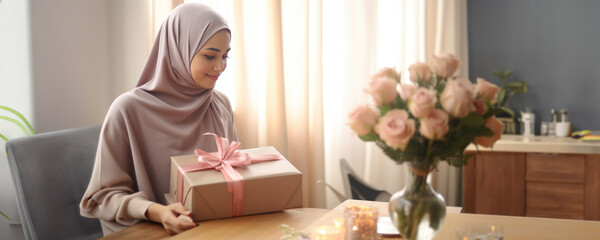 Naklejka na ściany i meble A woman in a hijab opening a gift box, Fictional Character Created By Generative AI. 