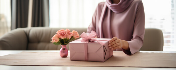 A woman in a pink hijab is presenting a gift box, Fictional Character Created By Generative AI. 