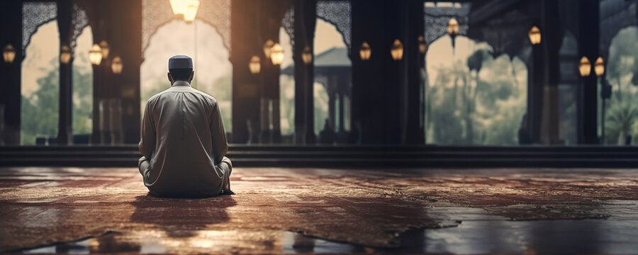 Muslim Man Praying in a Mosque, Fictional Character Created By Generative AI. 