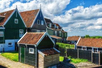 The picturesque fisherman village in Marken. Typical houses in the fisherman village were mostly...