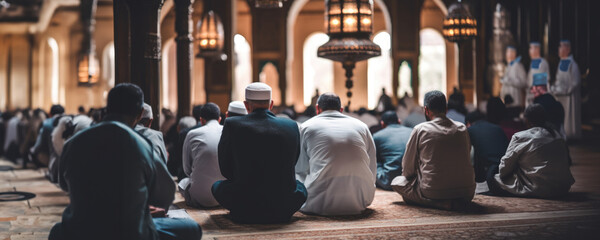 Muslim men in white clothing performing prayers in a mosque, Fictional Character Created By Generative AI. 