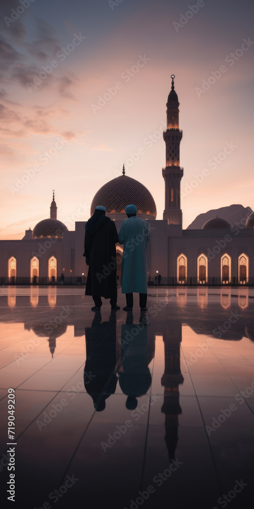 Wall mural two people standing in front of mosque during sunset, fictional character created by generative ai.