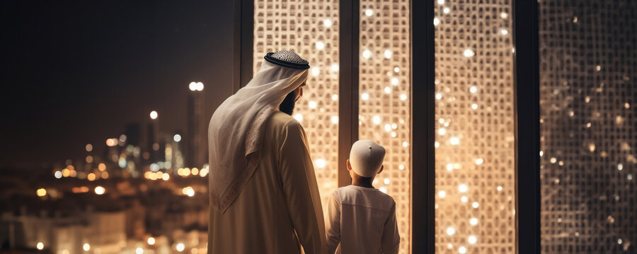 A Man and a Little Boy Praying in a Mosque at Night, Fictional Character Created By Generative AI. 