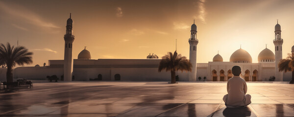 A Young Boy Meditating in Front of a Mosque - obrazy, fototapety, plakaty