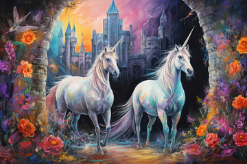 Couple of Unicorns with a floral medieval architecture background. Magic Kingdom colorful landscape. Fantasy backdrop design.