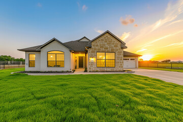The front view of a newly built home is enhanced by a picturesque surrounding of vibrant green grass and a clear blue sky at sunrise. This appealing exterior beckons potential buyers or renters - obrazy, fototapety, plakaty