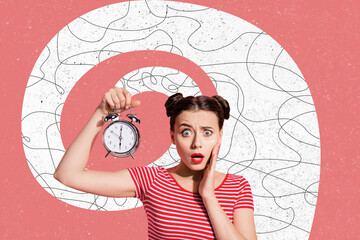 Collage young shocked girl holding clock time management early wake up miss deadline hour minute...