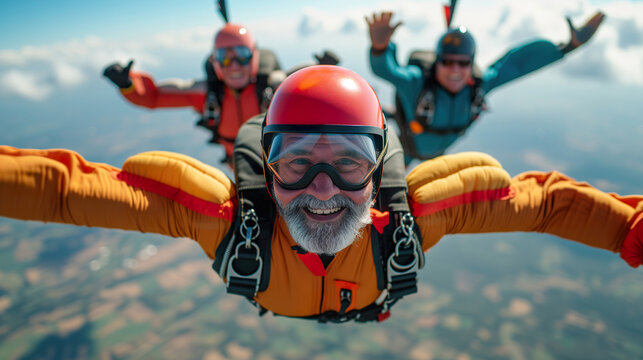 An elderly man skydiving with a thrilled smile, accompanied by two mates against a clear sky