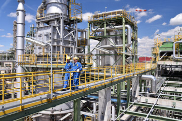 group of workers professional equipment in a petroleum refinery - modern buildings and industrial...