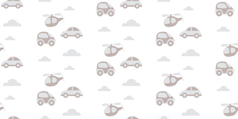 Seamless children's vector pattern in pastel colors for printing on fabric and paper. Stylized helicopters and cars on a white background