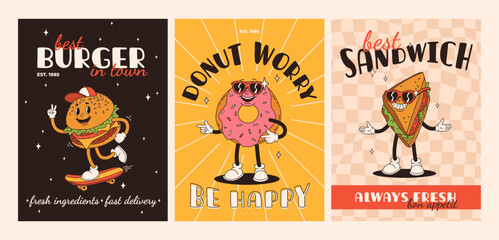 Cartoon fast food poster. Retro groovy cards with mascot food characters. Brochure design with quote text for cafe. Banner with funky groovy burger, french fries, soda, ice cream. Fast food delivery