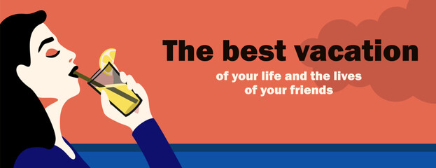 Web banner with young woman drinking lemon juice cocktail on sea background vector best vacation