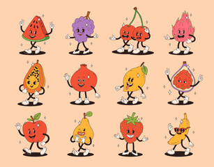Retro groovy fruit characters. Funky cartoon mascot of watermelon grape cherry dragon fruit papaya pomegranate lemon fig apple pear strawberry banana with happy smile face.