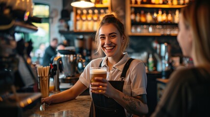 Happy female barista serves beer to guests at the bar counter. - obrazy, fototapety, plakaty