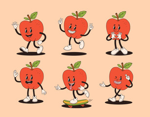 Groovy apple mascot in different poses. Funky retro apple character. Set of cartoon apples, smiling, walking, apple on skateboard, showing heart with hands.