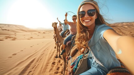 Happy tourists enjoying group camel riding in the desert - Travel, Lifestyle, Holiday Activities and the concept of adventure