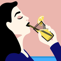 Young woman drinking cocktail lemon juice on vacation vector minimalistic