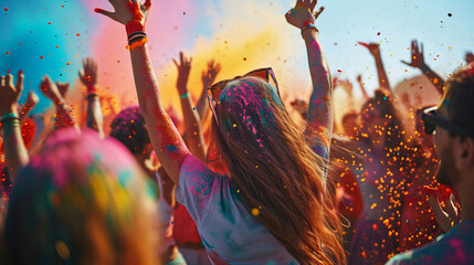 Holi Festival Joy, Exuberant crowd celebrating the Holi festival, covered in vibrant colors under a...