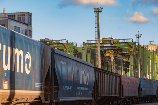 City of Santos, Brazil. Cargo train of the railway company Rumo Logística passing by the container cranes of the company Terminal 37 of the Port of Santos.