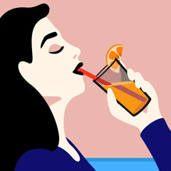 Young beautiful woman drinking orange juice cocktail on vacation vector minimalistic