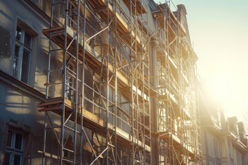 The construction site engineering is evident as a building takes shape in the midst of an industrial development.