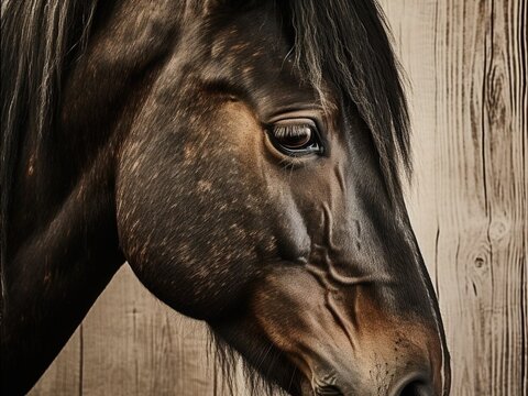 Photo on a wooden background, close-up of an Andalusian horse, natural beauty, close-up, soft light, chiaroscuro, made in the style of kindness, with organic simplicity