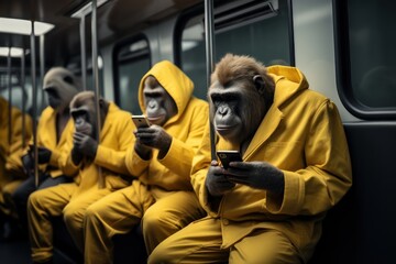 Monochrome yellow scene of apes holding smartphones during commute.Concept Technology Addiction.