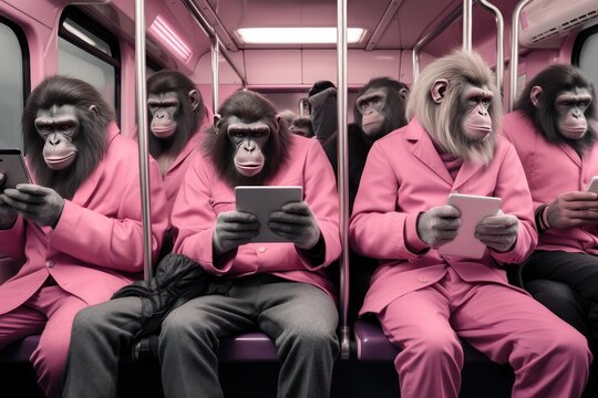 Monochrome pink photo capturing apes with mobile devices in a metro.Metro Travel Concept.